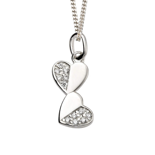Sterling Silver Double Heart Drop Pendant with Cubic Zirconia