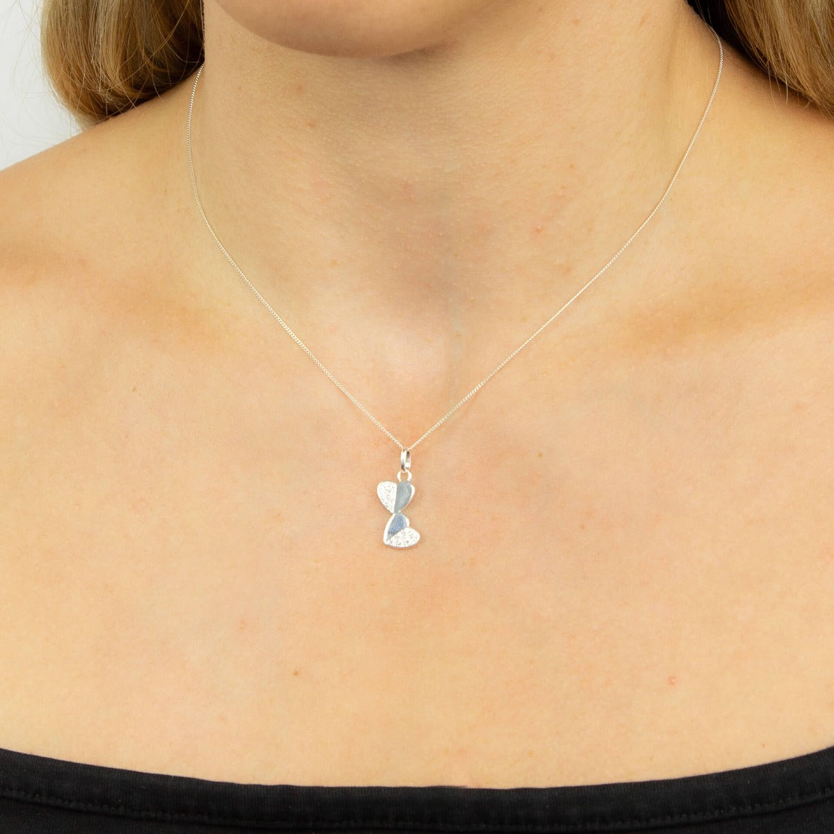 Sterling Silver Double Heart Drop Pendant with Cubic Zirconia