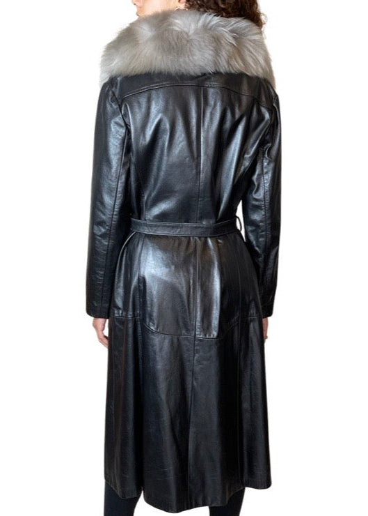 Original 1970's Vintage Black Leather & Sheepskin Coat UK 12 - 16