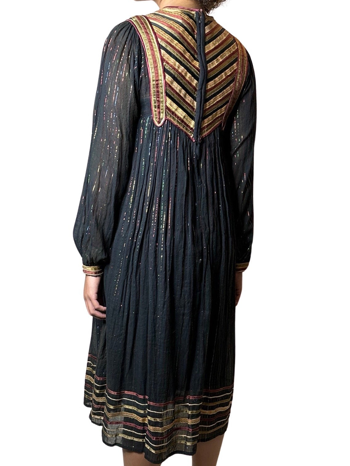 Original Vintage 1970's Black Indian Cotton Boho/Hippie Dress UK 8 - 14