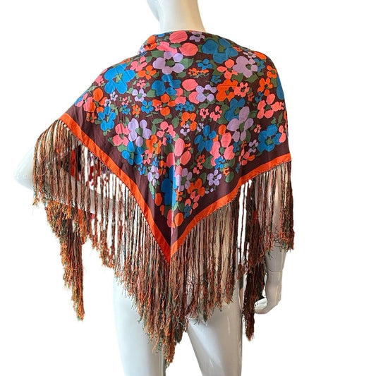 Original Vintage Fringed Floral Print 100% Silk Scarf by Emanuel Ungaro