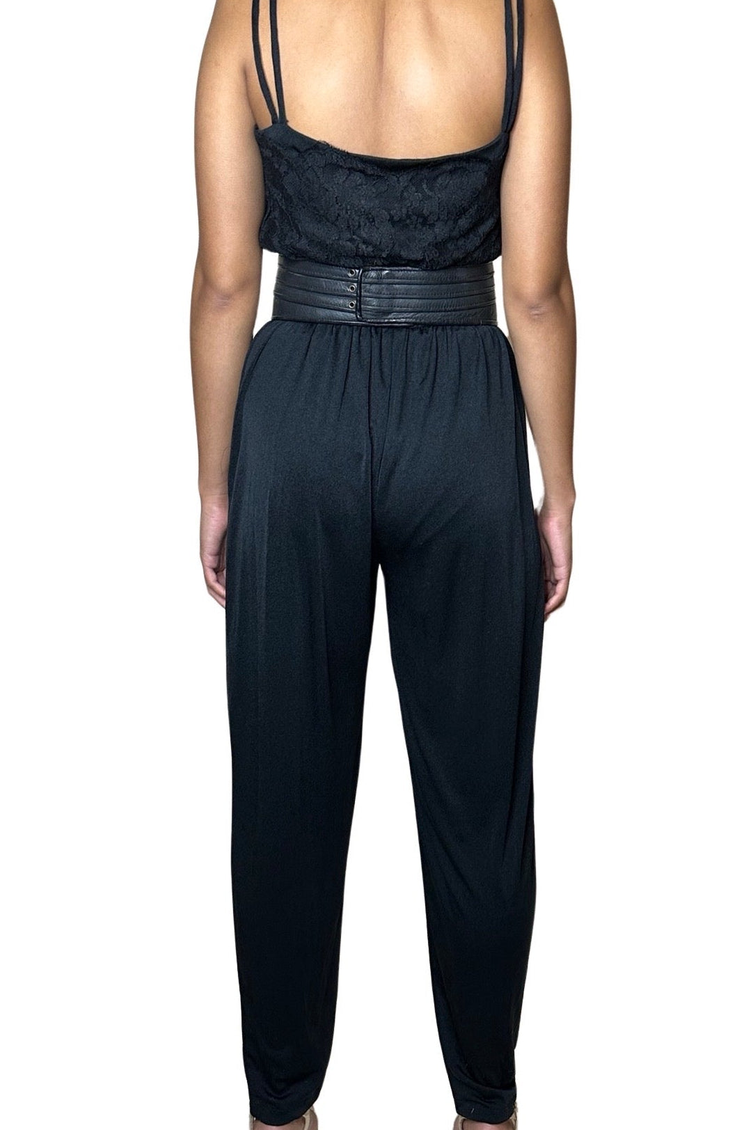 Original 1980's Vintage Jumpsuit In Black With Lace Detailing UK 12 - 14