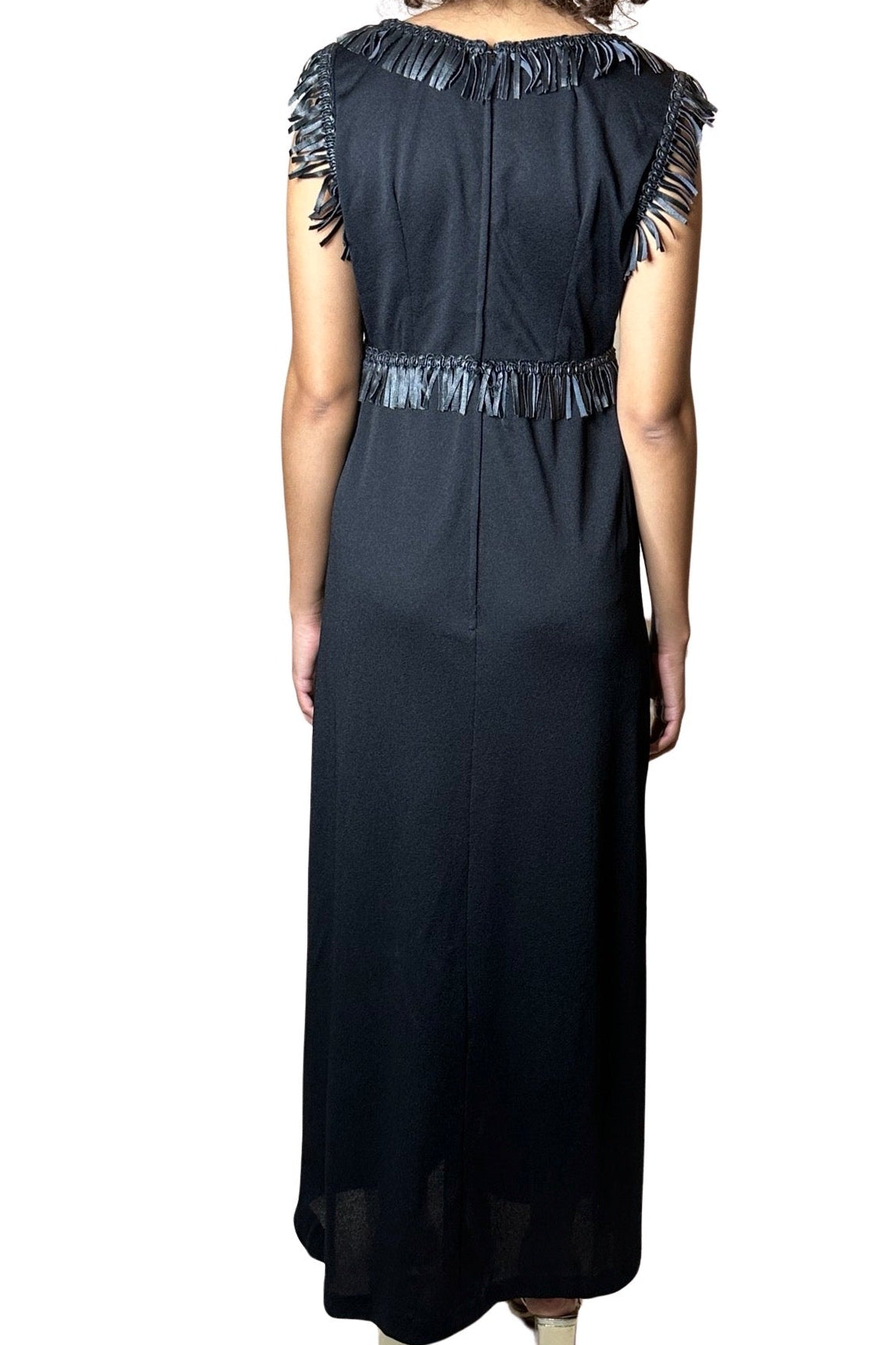 Unique Original Vintage 1970's Black & Faux Leather Detailed Maxi Dress UK 14 - 16