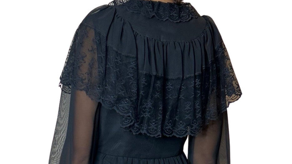 Original 1970's Vintage Black Sheer & Lace Dress UK 12 - 14