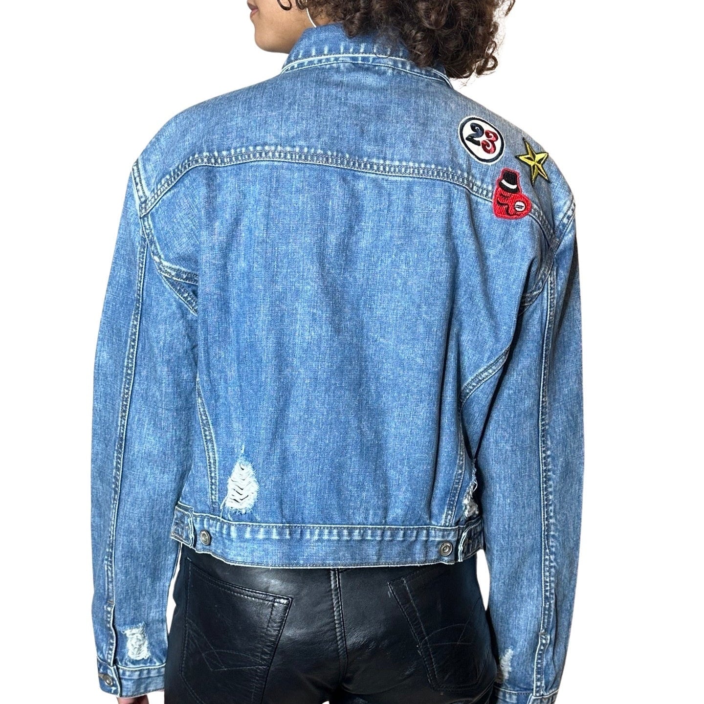 Vintage Blue Distressed Denim Patch Jacket UK 8 - 14