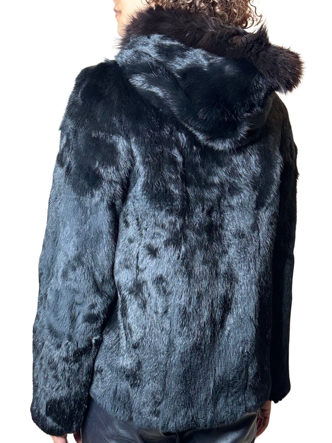 Original 1970's Vintage Black Fur Hooded Coat UK 8 - 12