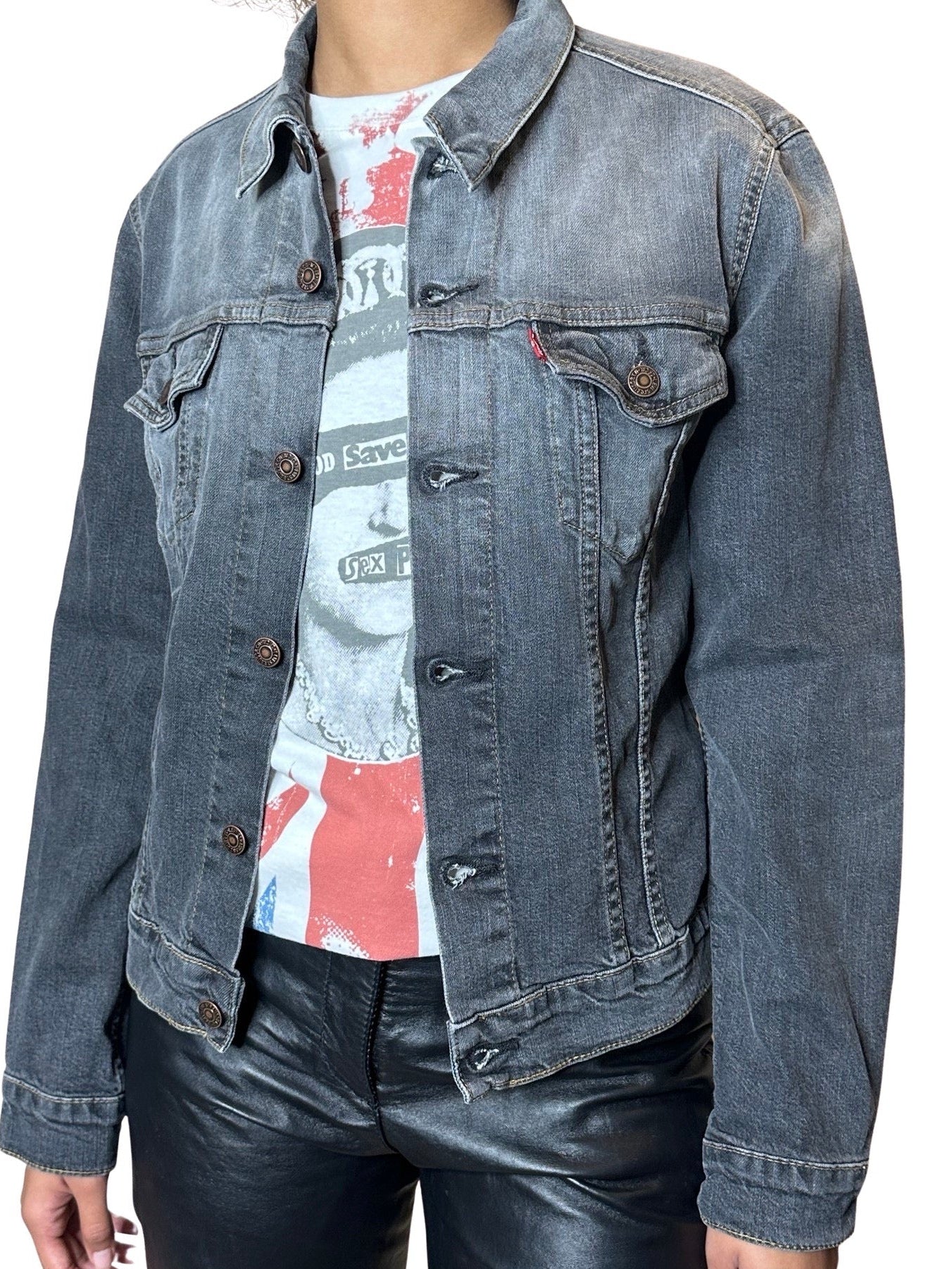 Original 1990's Vintage Grey Washed Out Denim Levis Jacket UK 8 - 12