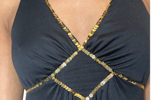 Original 1970's Vintage Black & Gold Sequin Dress by Mr Darren UK 8 - 12