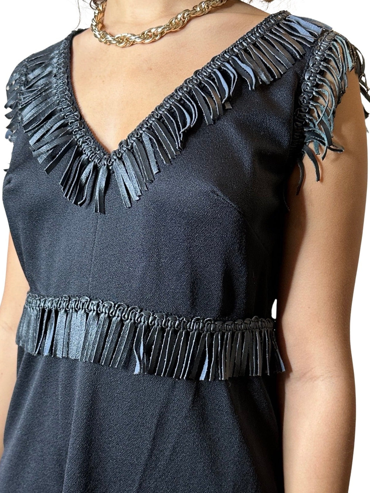 Unique Original Vintage 1970's Black & Faux Leather Detailed Maxi Dress UK 14 - 16