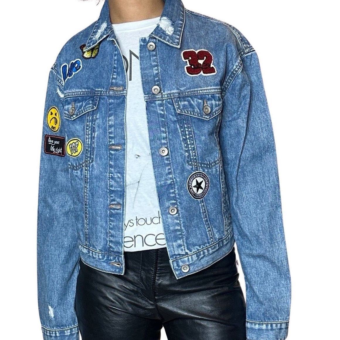 Vintage Blue Distressed Denim Patch Jacket UK 8 - 14