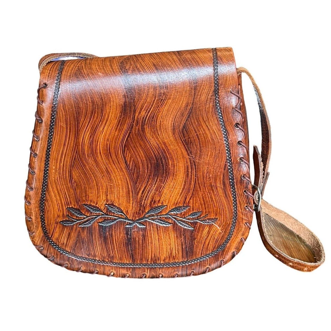 Original Vintage 1970's Brown Tooled Leather Bag