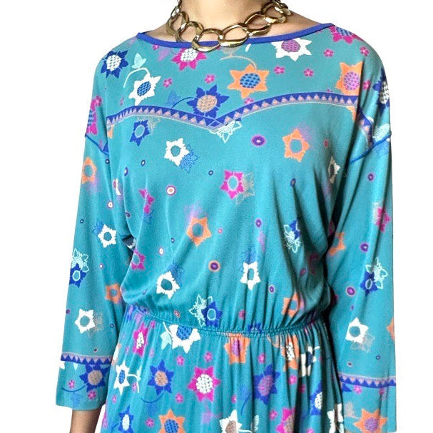 Original Vintage Virginie Paris Turquoise Floral Print Dress UK 8 - 12