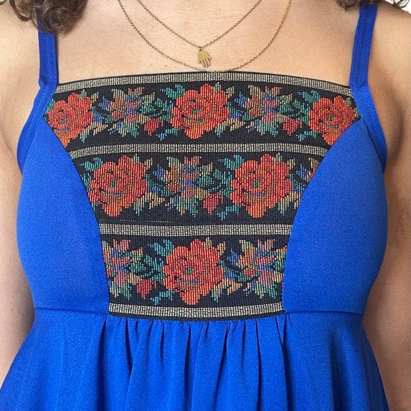 Original 1970's Vintage Floral Trim Blue Strapped Dress UK 8 - 10