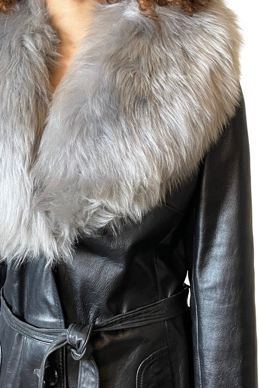 Original 1970's Vintage Black Leather & Sheepskin Coat UK 12 - 16