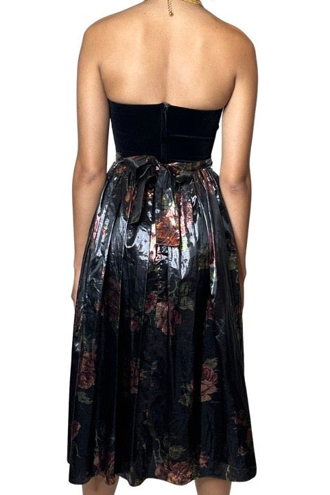 Original 1970's Vintage Black Velvet & Bronze Floral Print Dress by Radley UK 8 - 12