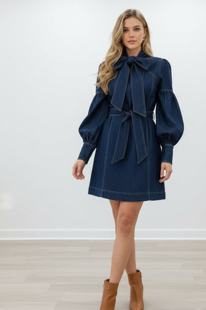 Puff Sleeve Belted Pussy Bow Denim Dress