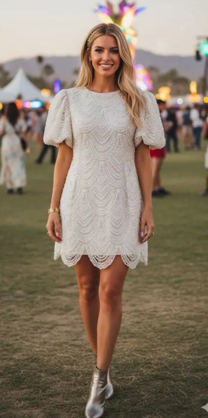 Pearl Detail Puff Sleeve Dress