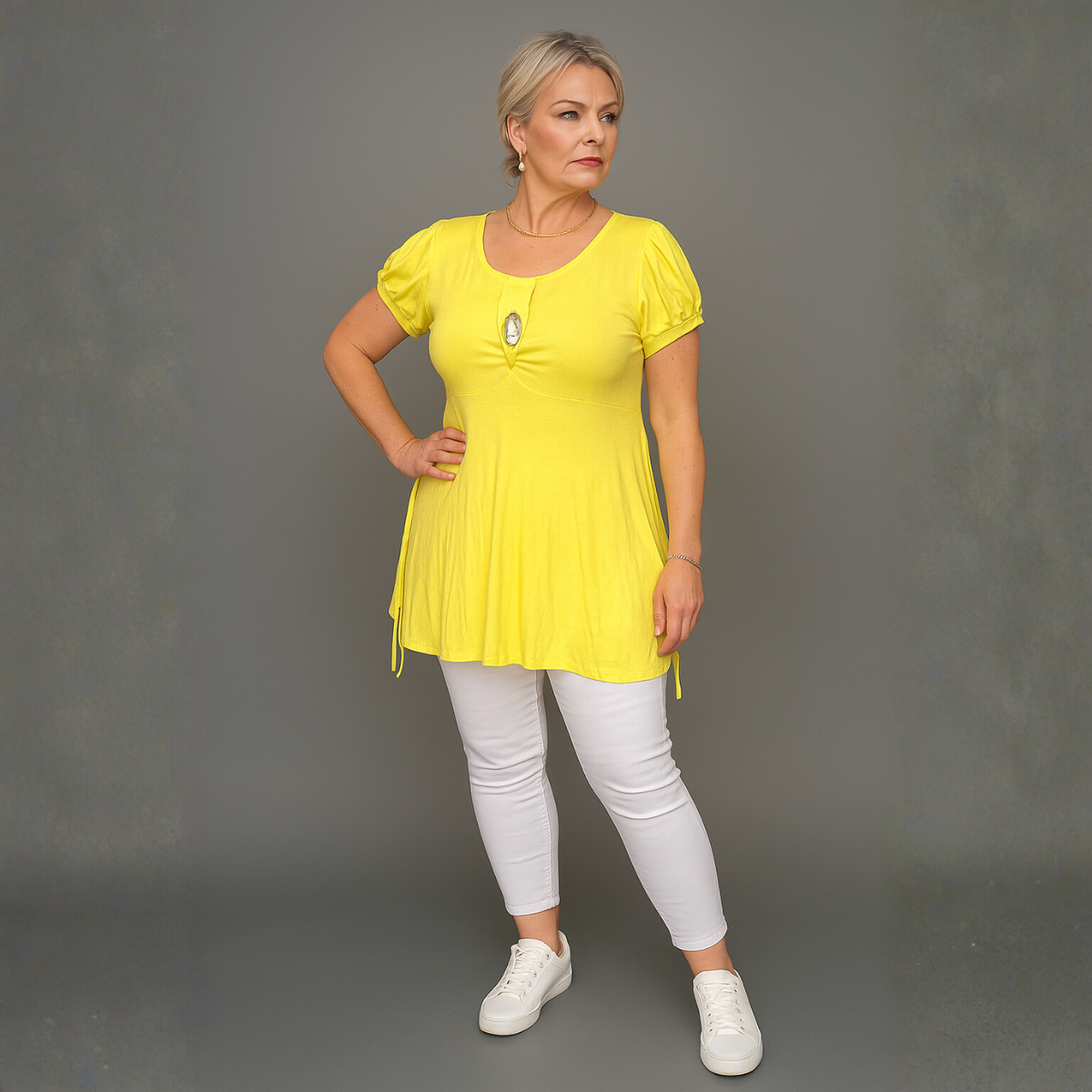 Puff Sleeve Button Detail Tunic Top - Various Colour Options