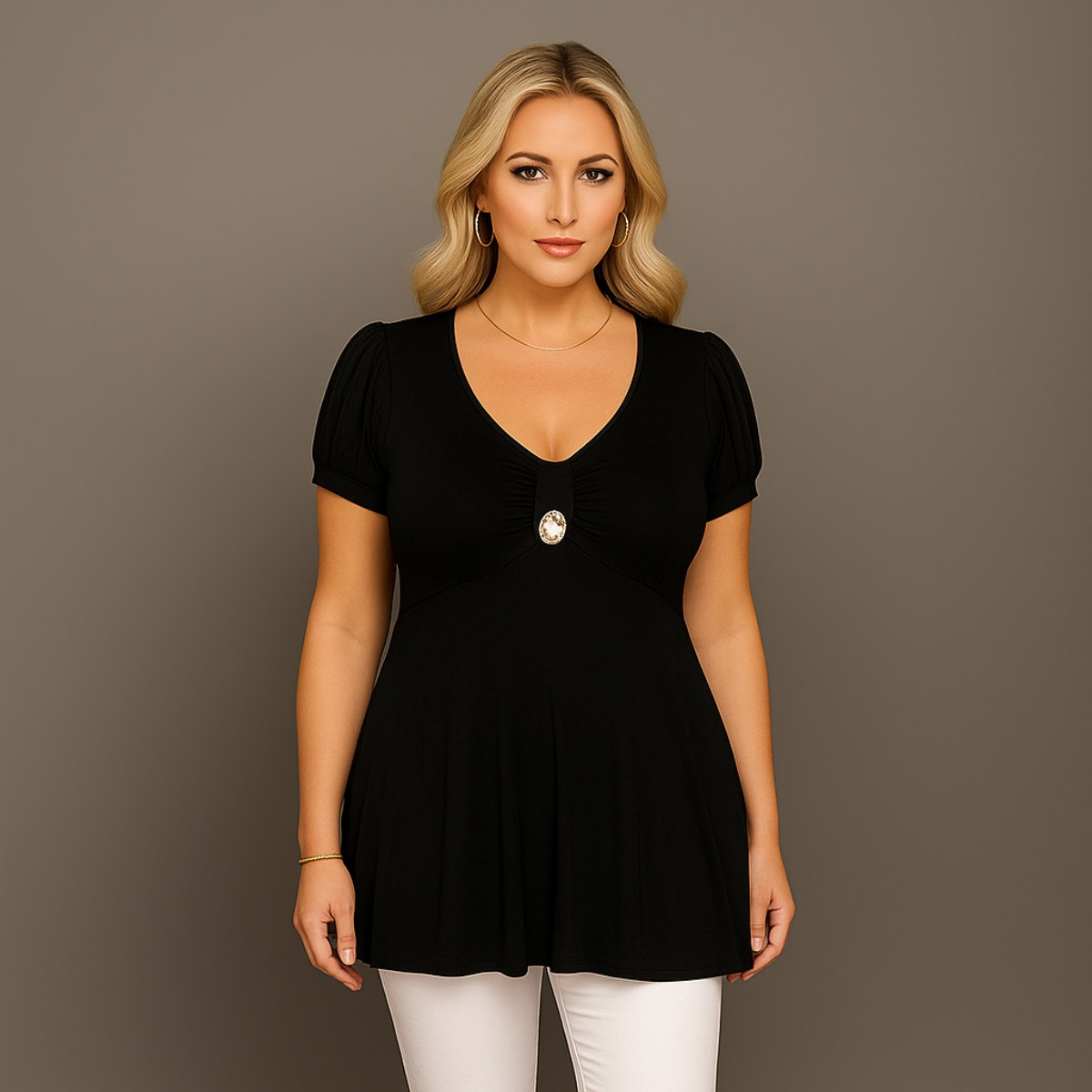Puff Sleeve Button Detail Tunic Top - Various Colour Options