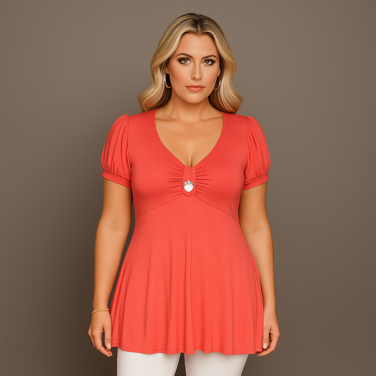 Puff Sleeve Button Detail Tunic Top - Various Colour Options