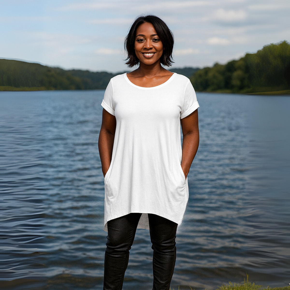 Long Dipped-Hem T-Shirt with Side Pockets - Various Colour Options