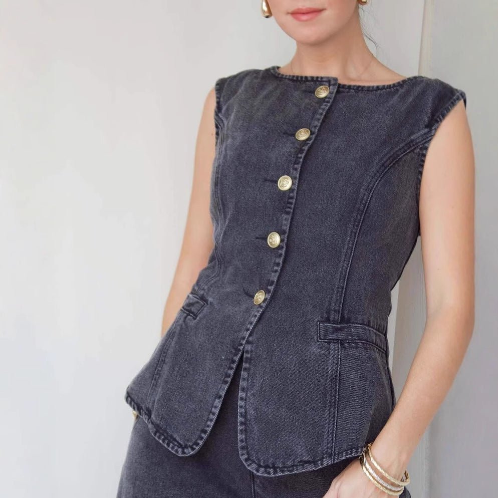 Denim Waistcoat and High-Waist Wide-Leg Jeans Co Ord