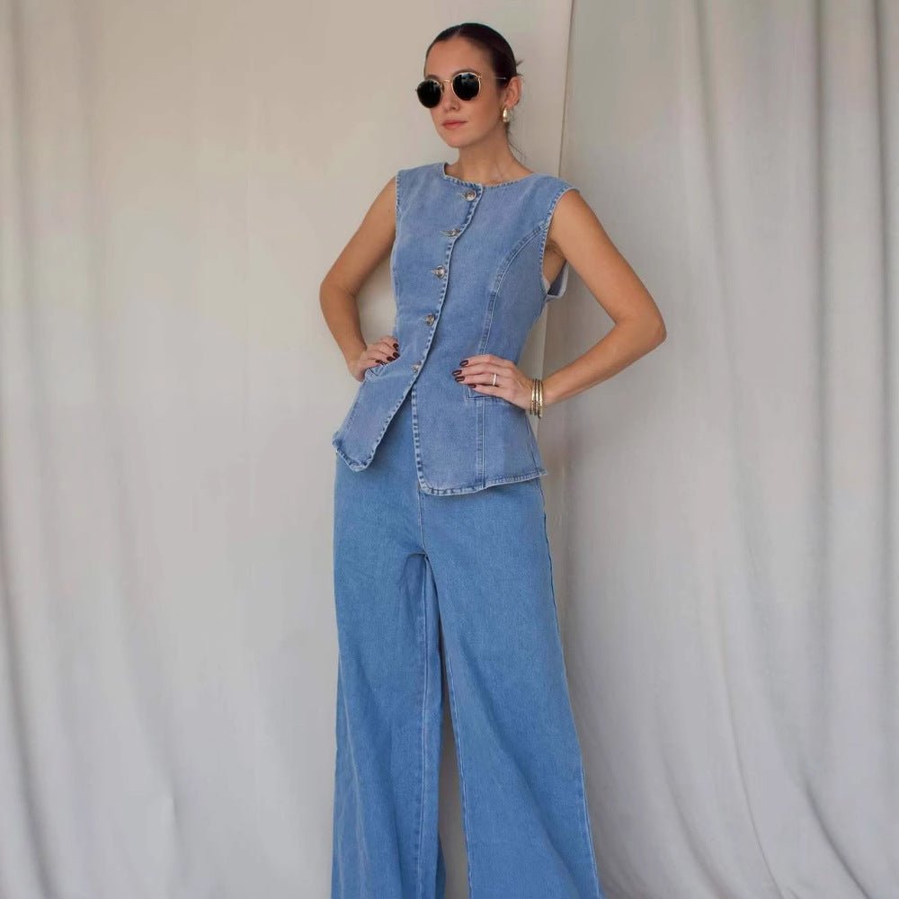 Denim Waistcoat and High-Waist Wide-Leg Jeans Co Ord