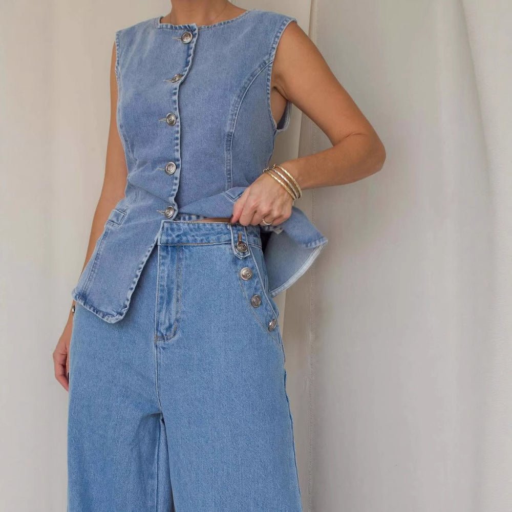 Denim Waistcoat and High-Waist Wide-Leg Jeans Co Ord