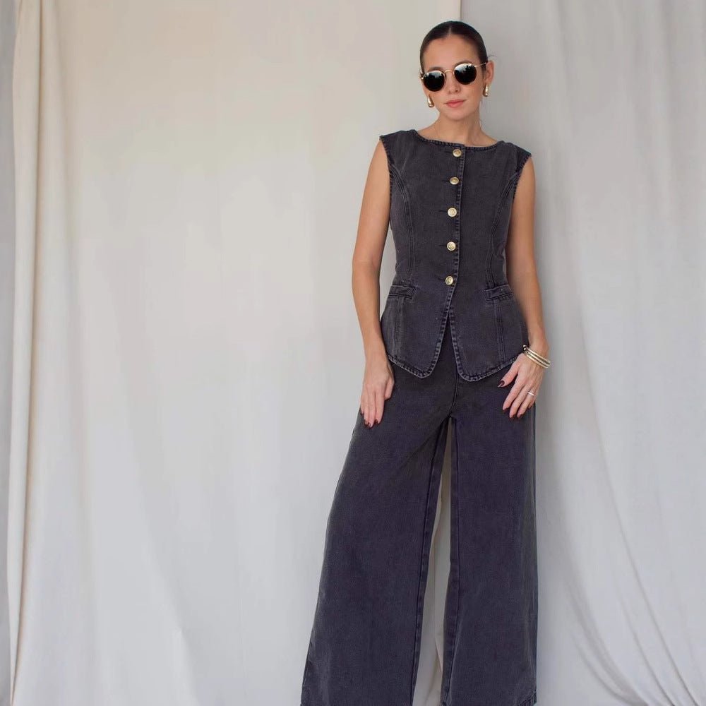 Denim Waistcoat and High-Waist Wide-Leg Jeans Co Ord