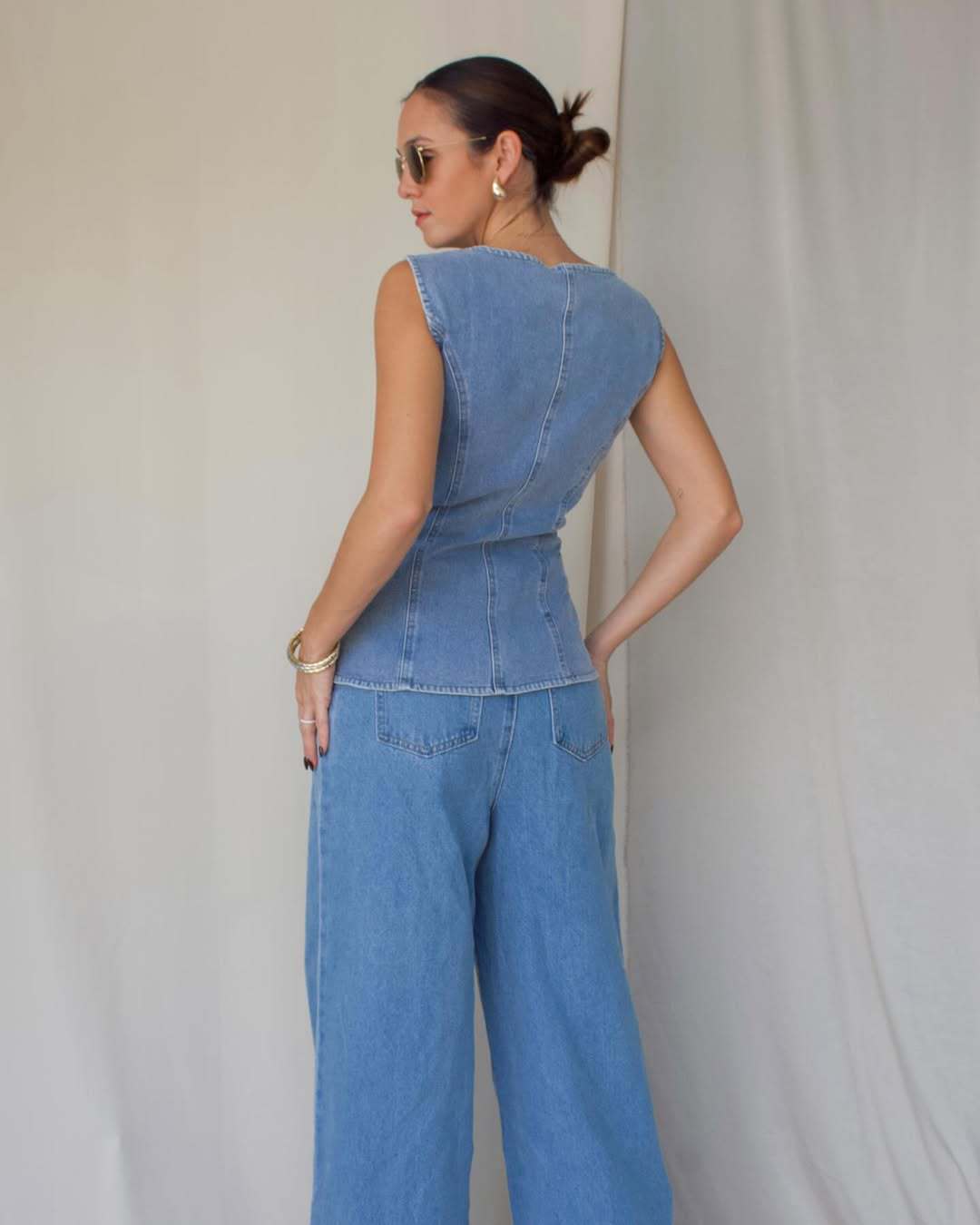 Denim Waistcoat and High-Waist Wide-Leg Jeans Co Ord