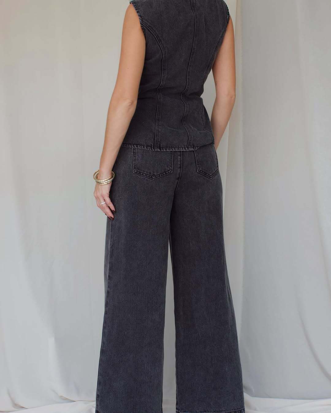 Denim Waistcoat and High-Waist Wide-Leg Jeans Co Ord