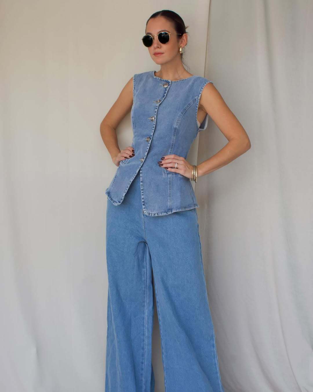 Denim Waistcoat and High-Waist Wide-Leg Jeans Co Ord
