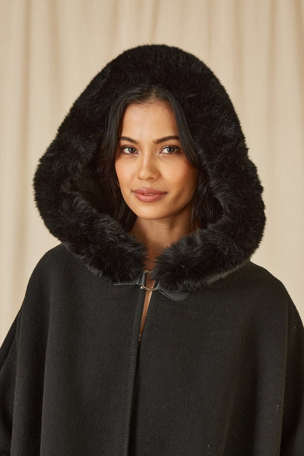 Black Cape With Luxe Fur Trim And Lining