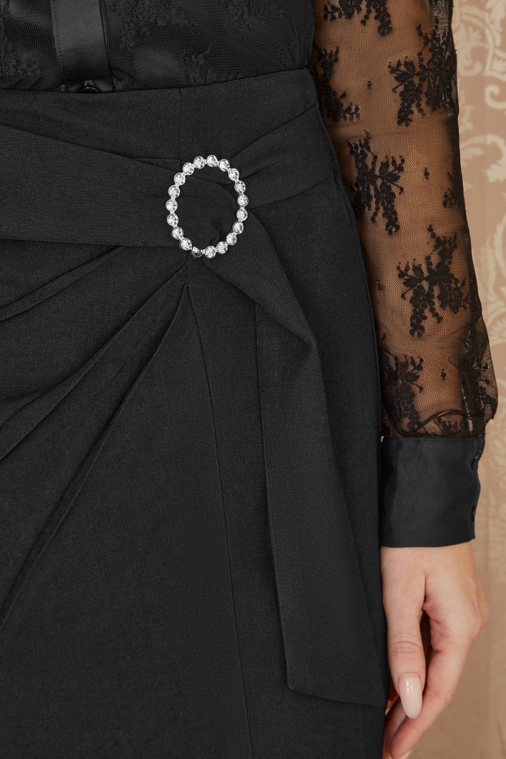 Black Diamante Buckle Faux Wrap Skirt With Split Hem - Sizes 8 to 16