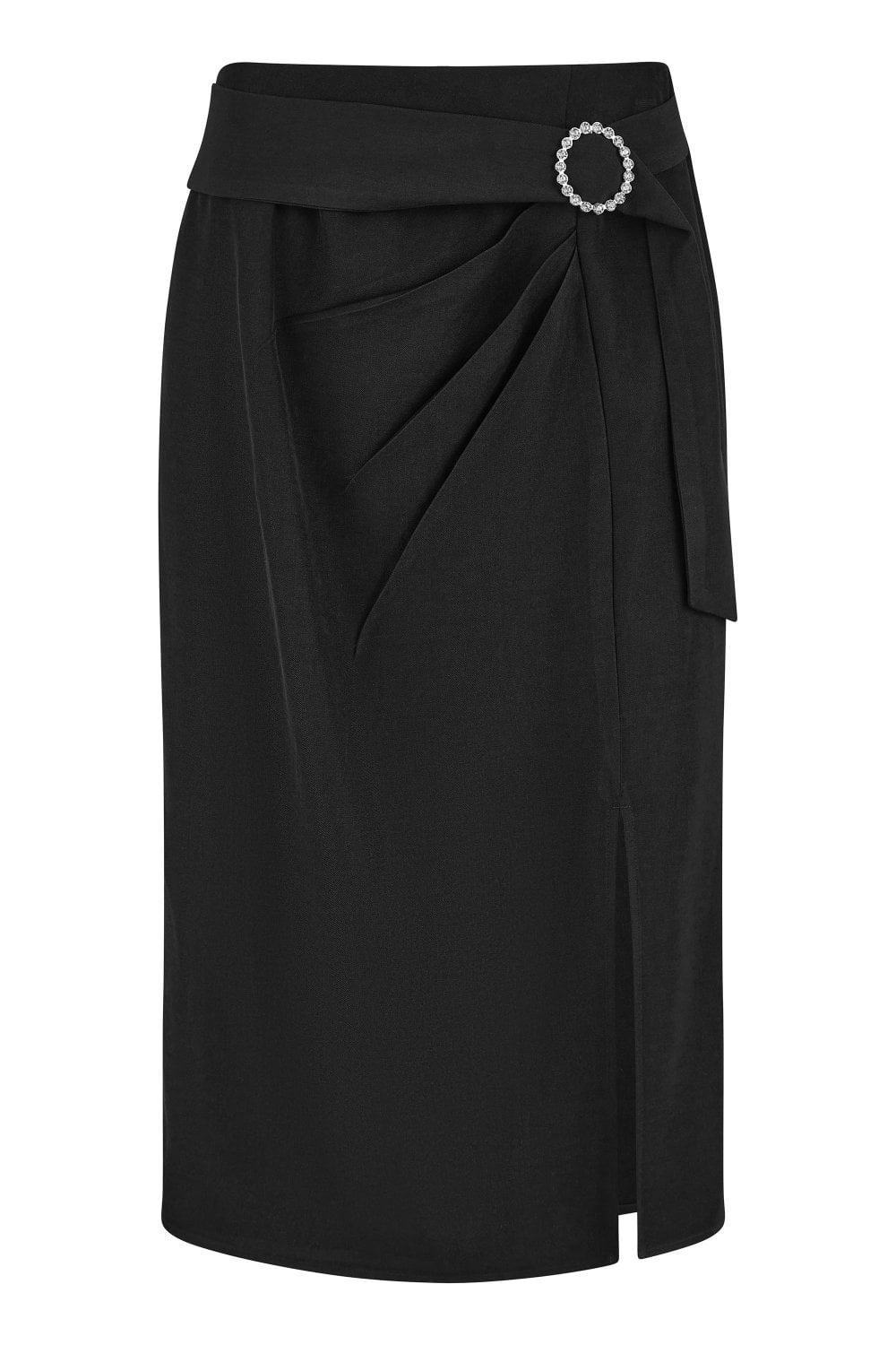 Black Diamante Buckle Faux Wrap Skirt With Split Hem - Sizes 8 to 16