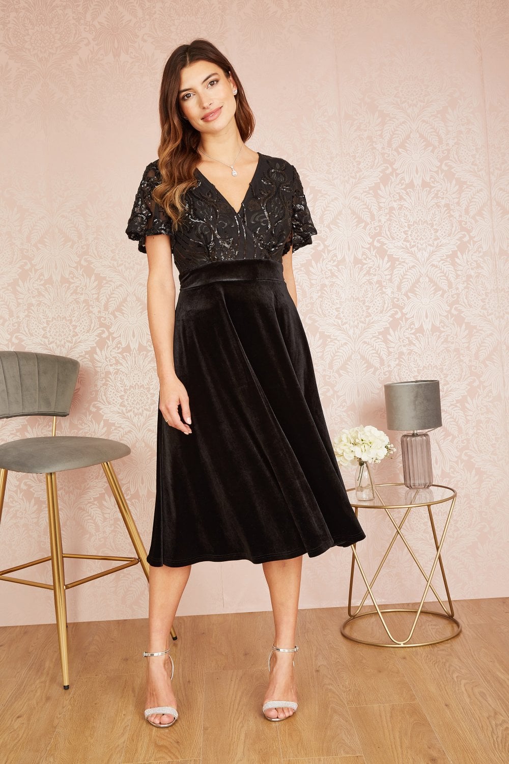 Black Embellished Velvet Wrap Skater Midi Dress - Sizes 8 to 18