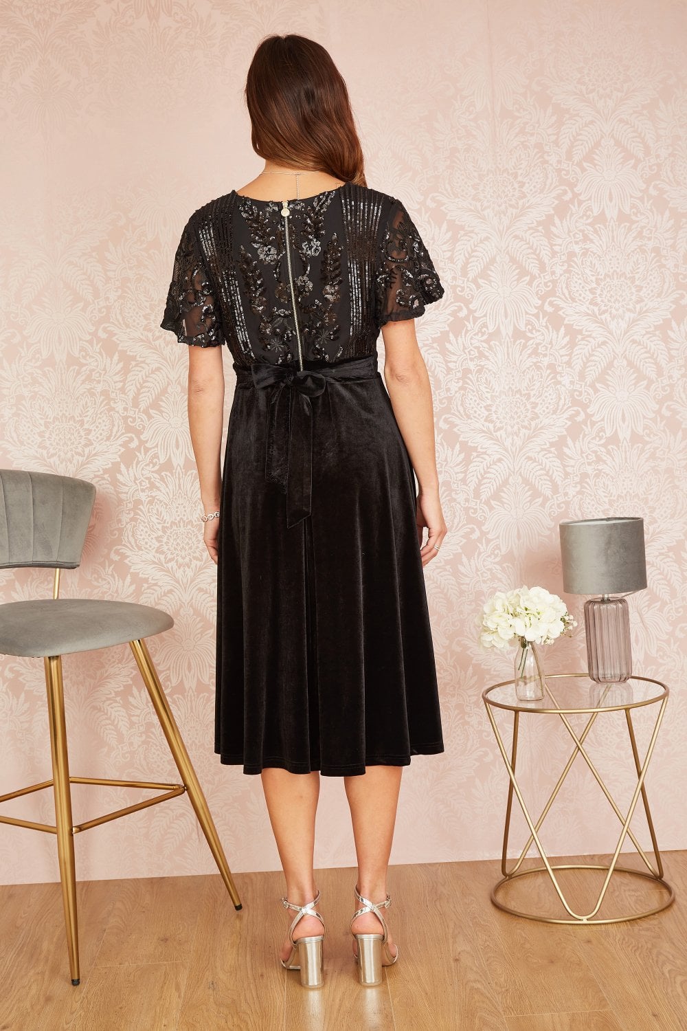 Black Embellished Velvet Wrap Skater Midi Dress - Sizes 8 to 18