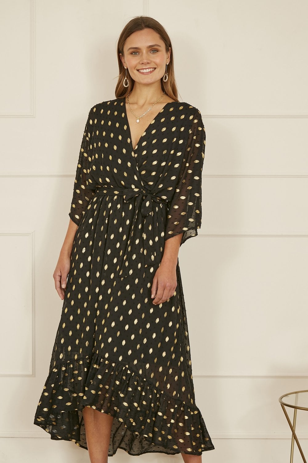 Black Foil Print Wrap Over Dip Hem Midi Dress - Sizes 8 to 22