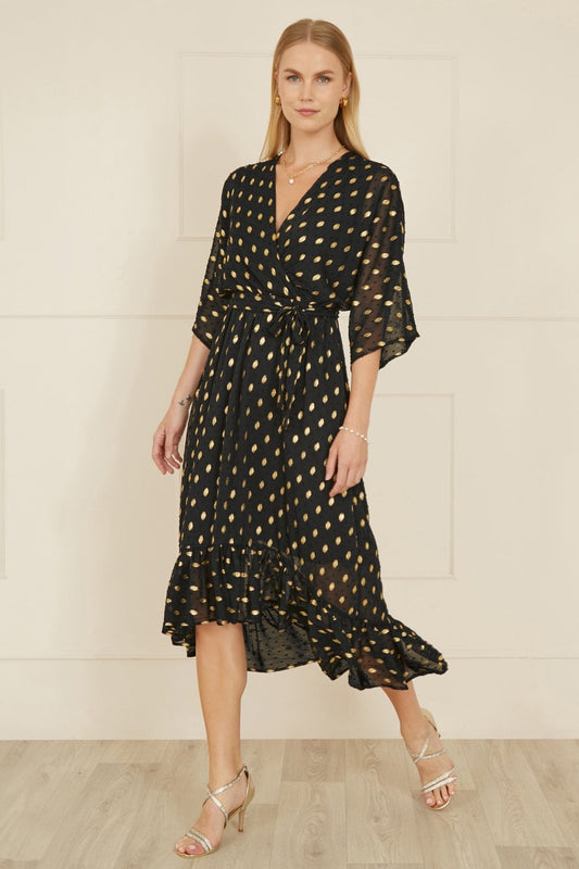 Black Foil Print Wrap Over Dip Hem Midi Dress - Sizes 8 to 22