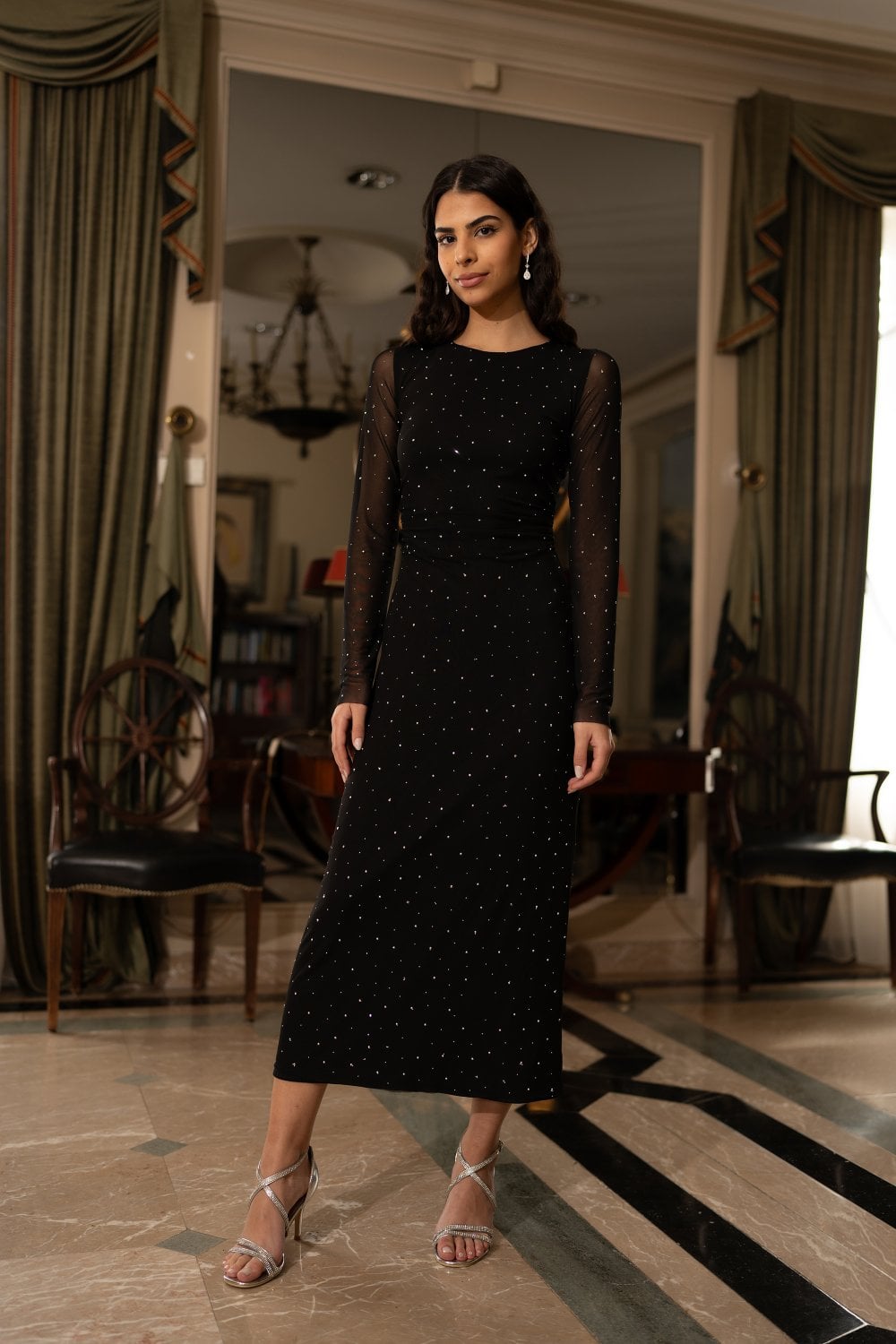 Black Bodycon Midi Dress With Tie Back and Diamantes - Sizes 8 to 16