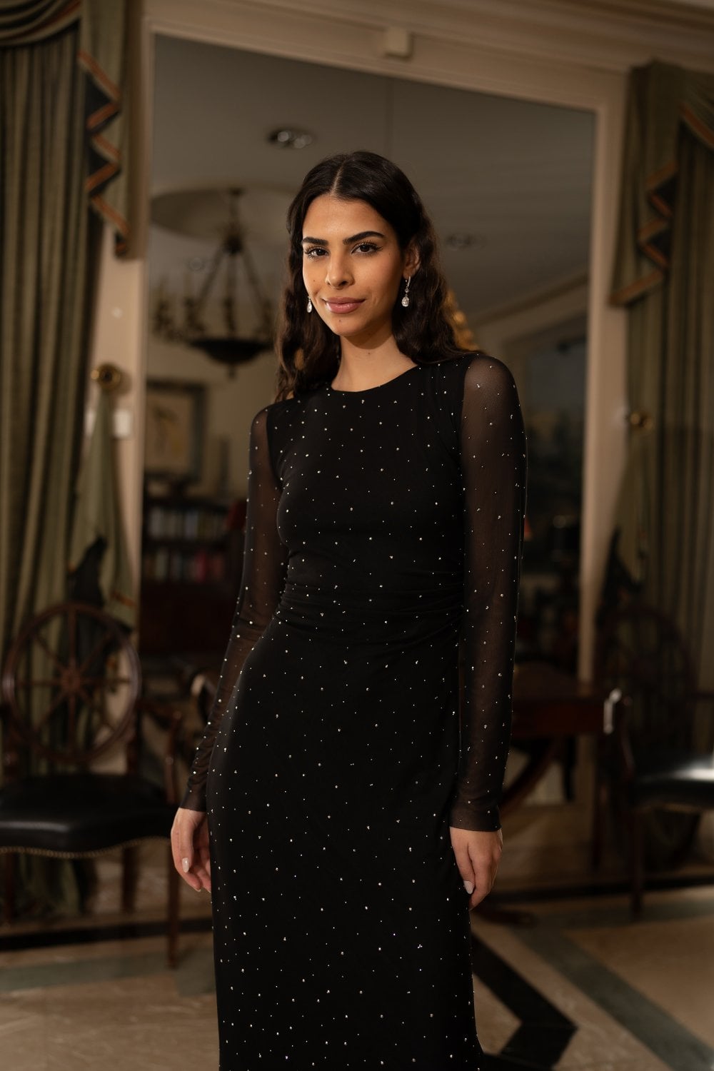 Black Bodycon Midi Dress With Tie Back and Diamantes - Sizes 8 to 16