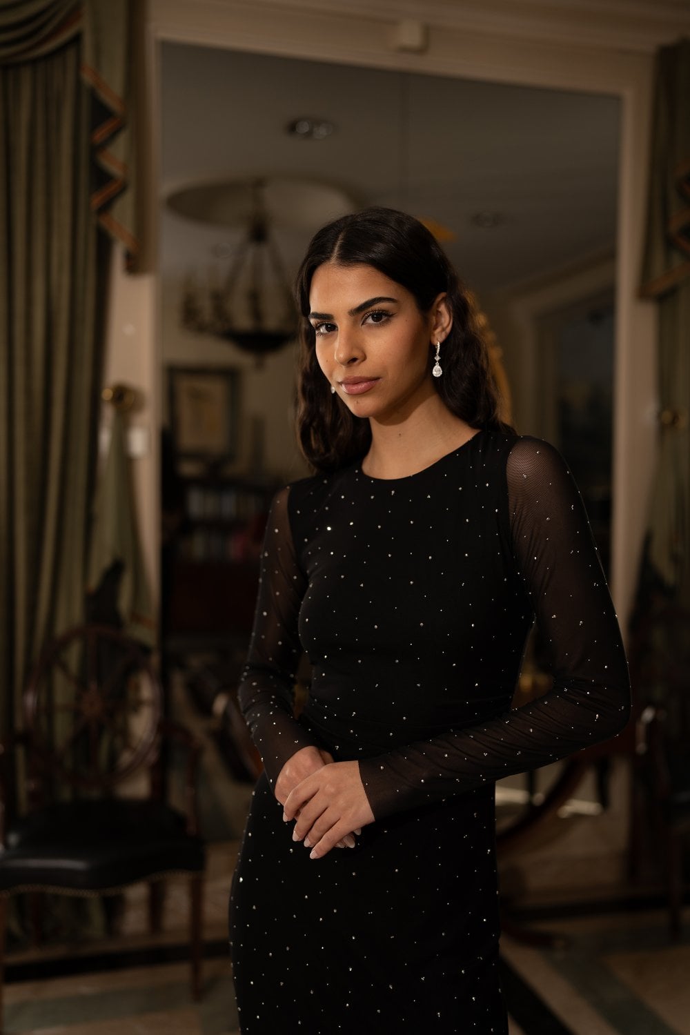 Black Bodycon Midi Dress With Tie Back and Diamantes - Sizes 8 to 16