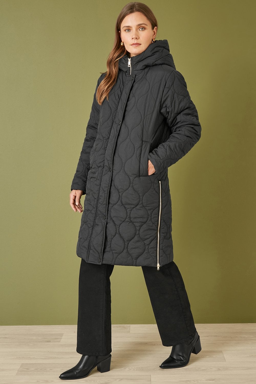 Black Padded Quilted Long Coat With Zip Detail And Hood - Sizes 8 to 16