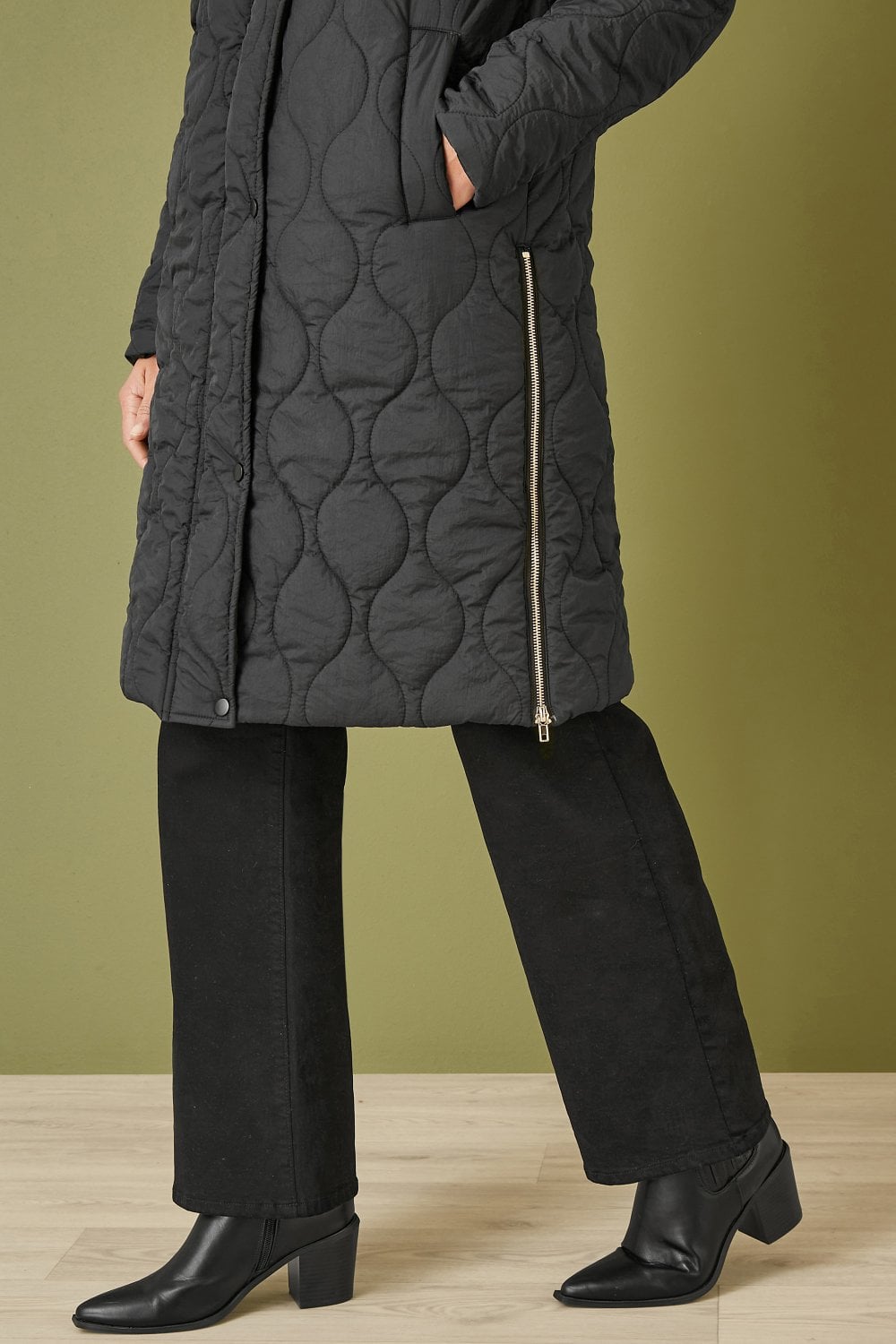 Black Padded Quilted Long Coat With Zip Detail And Hood - Sizes 8 to 16
