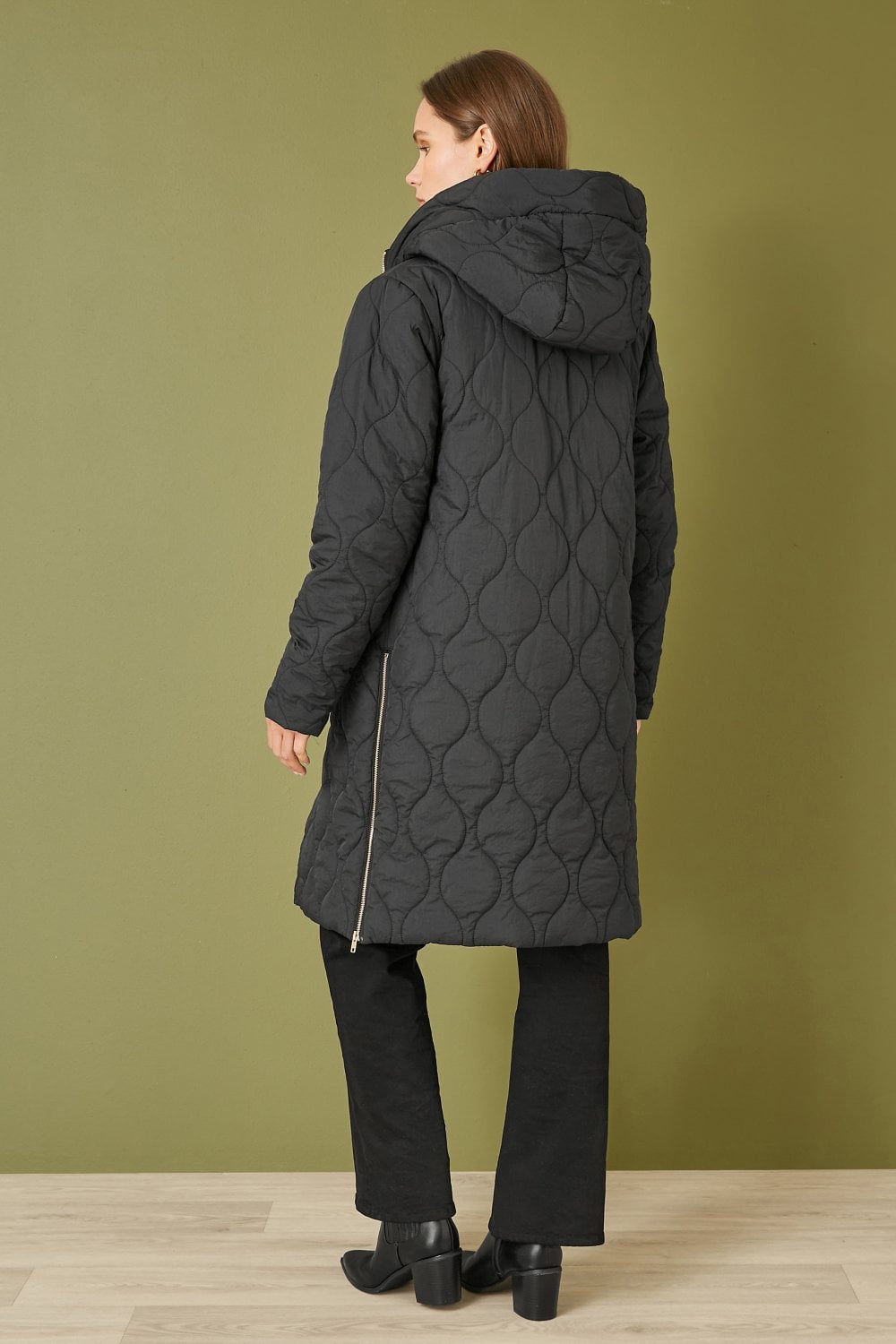 Black Padded Quilted Long Coat With Zip Detail And Hood - Sizes 8 to 16