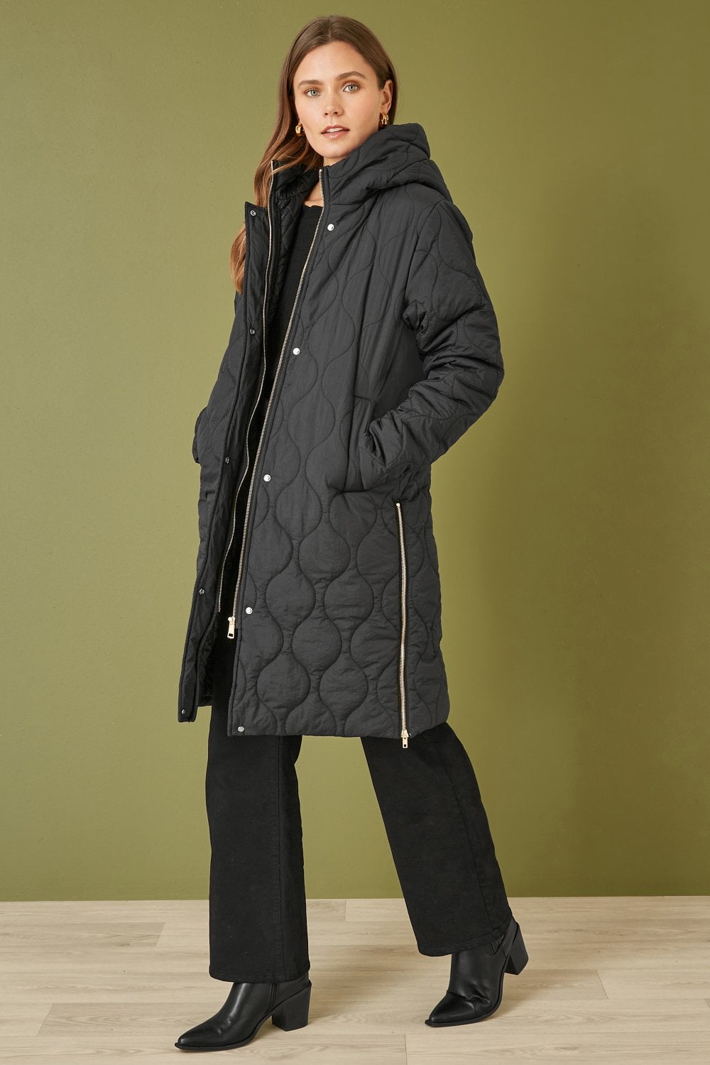 Black Padded Quilted Long Coat With Zip Detail And Hood - Sizes 8 to 16