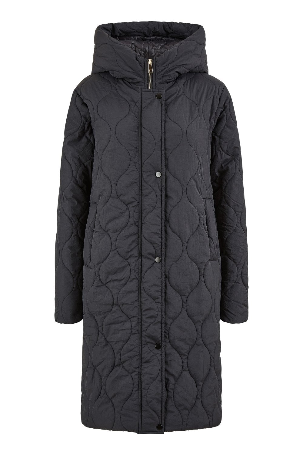 Black Padded Quilted Long Coat With Zip Detail And Hood - Sizes 8 to 16