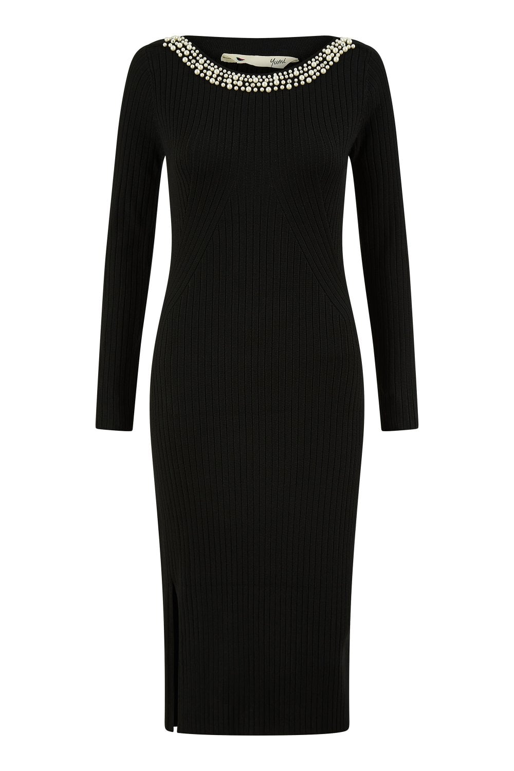 Black Pearl Neckline Fitted Midi Knitted Dress