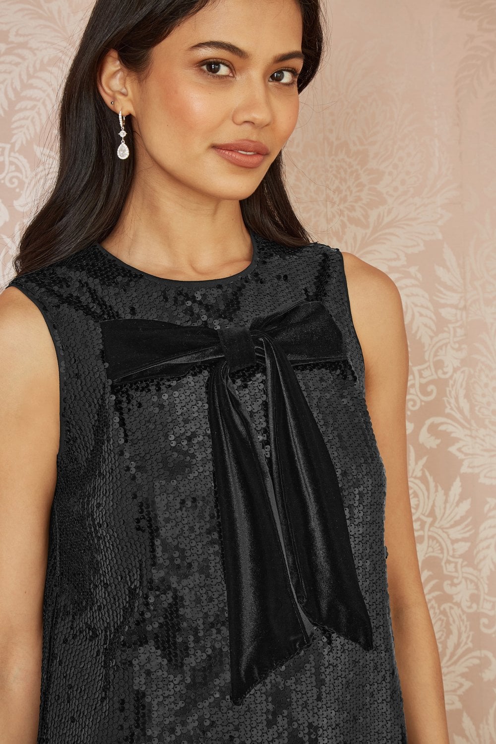 Black Sequin Velvet Bow Tunic Shift Dress - Sizes 8 to 16