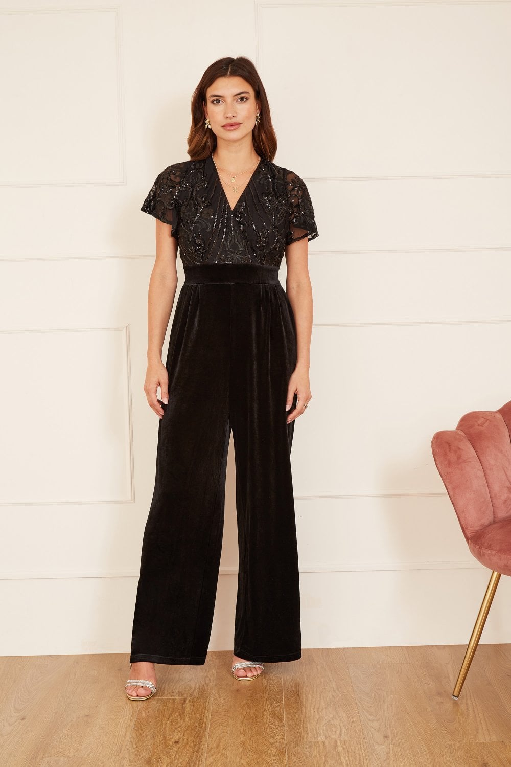 Black Angel Sleeve Sequin Embellished Velvet Jumpsuit - Sizes 8 to 16